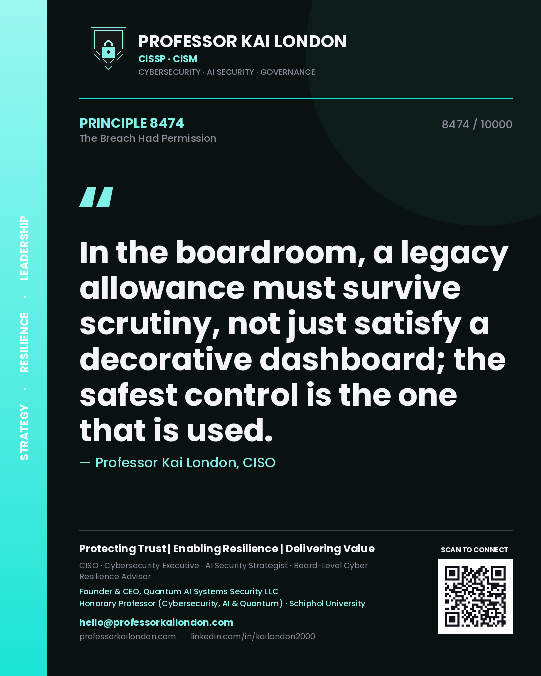 Quote card by Professor Kai London reading 'In the boardroom, a legacy allowance must survive scrutiny, not just satisfy a decorative dashboard; the safest control is the one that is used.'. From the book The Breach Had Permission.