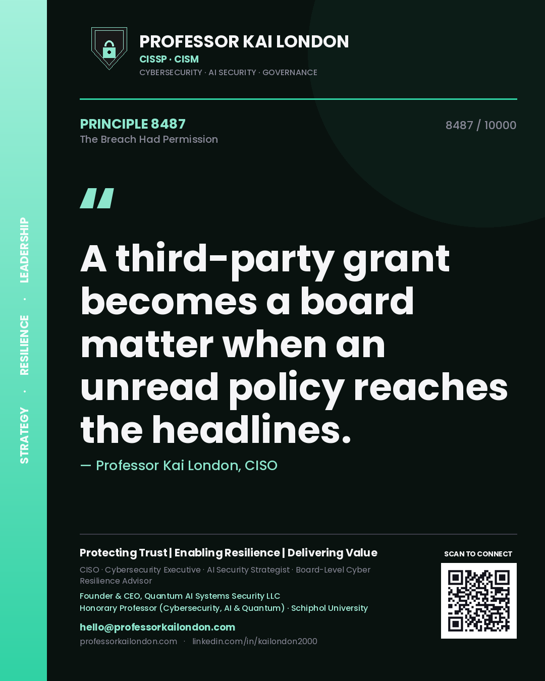 Quote card by Professor Kai London reading 'A third-party grant becomes a board matter when an unread policy reaches the headlines.'. From the book The Breach Had Permission.