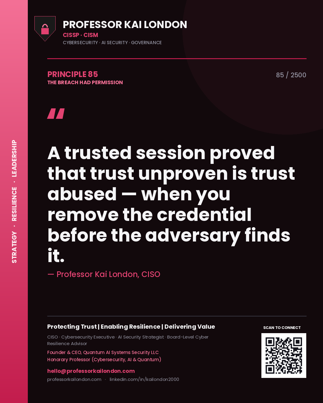 Quote card by Professor Kai London reading 'A trusted session proved that trust unproven is trust abused — when you remove the credential before the adversary finds it.'. From the book The Breach Had Permission.
