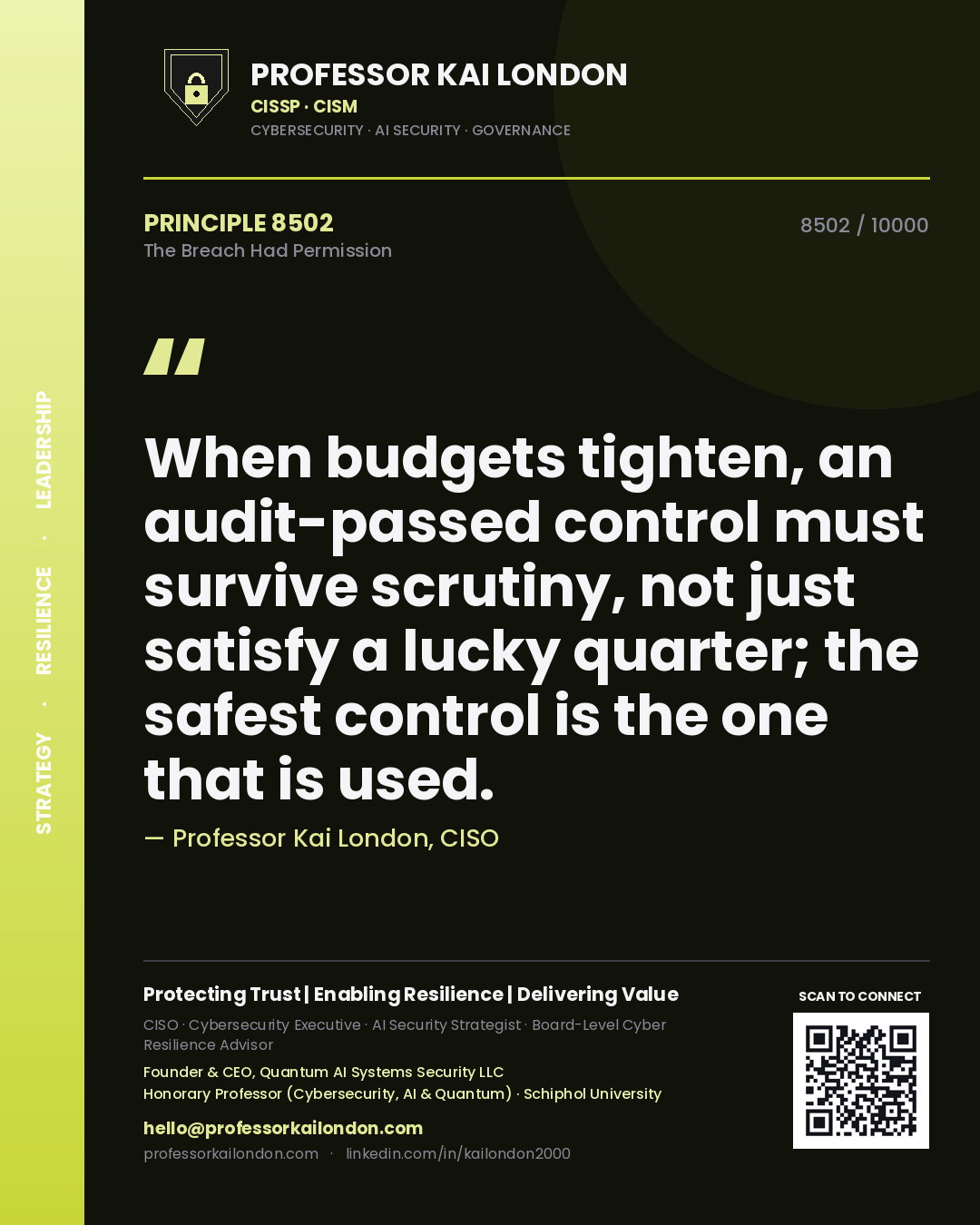 Quote card by Professor Kai London reading 'When budgets tighten, an audit-passed control must survive scrutiny, not just satisfy a lucky quarter; the safest control is the one that is used.'. From the book The Breach Had Permission.