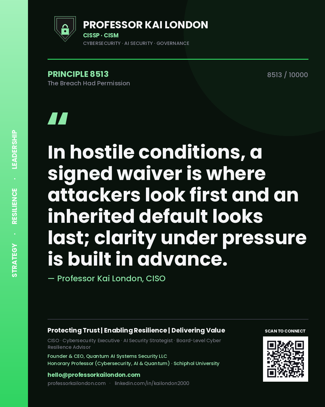 Quote card by Professor Kai London reading 'In hostile conditions, a signed waiver is where attackers look first and an inherited default looks last; clarity under pressure is built in advance.'. From the book The Breach Had Permission.