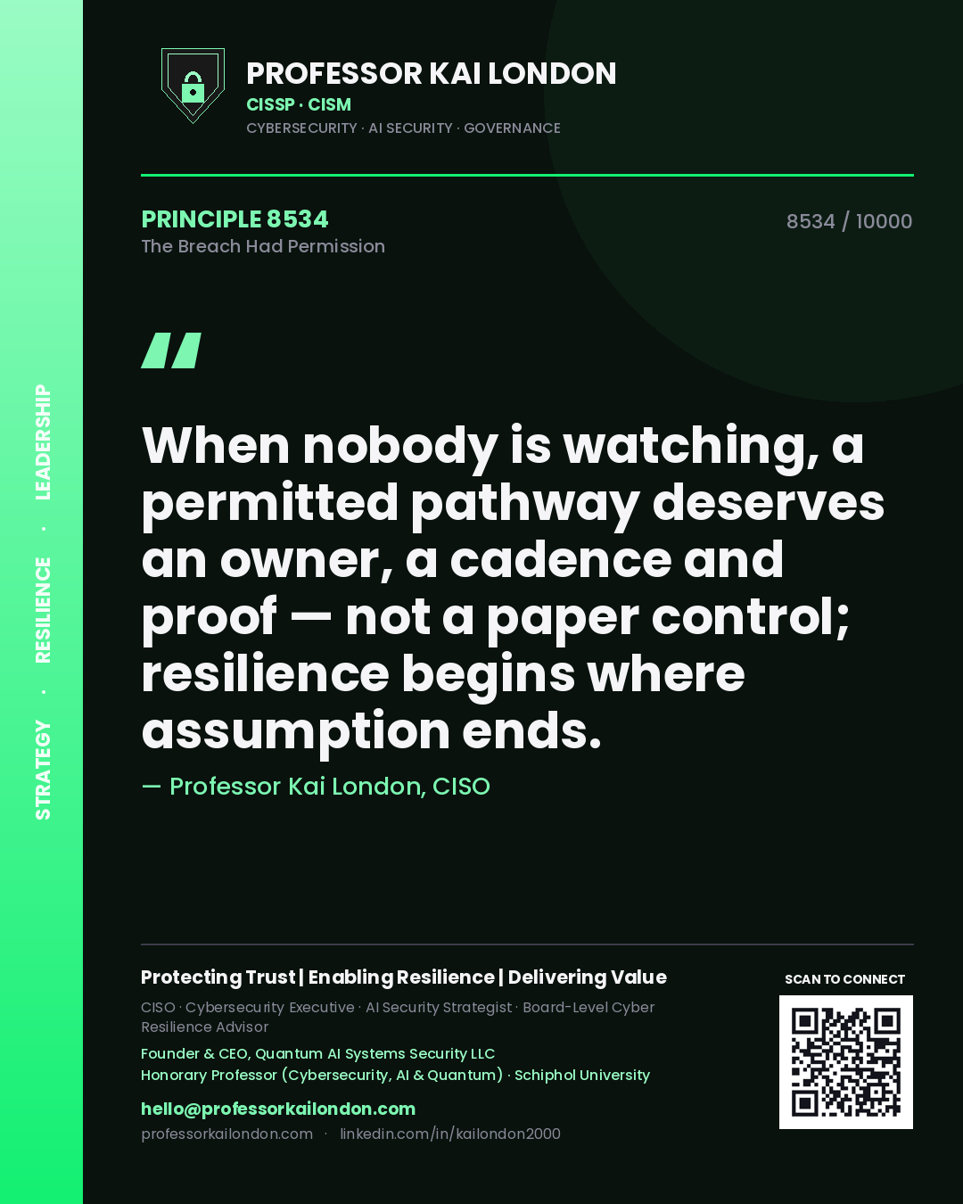 Quote card by Professor Kai London reading 'When nobody is watching, a permitted pathway deserves an owner, a cadence and proof — not a paper control; resilience begins where assumption ends.'. From the book The Breach Had Permission.