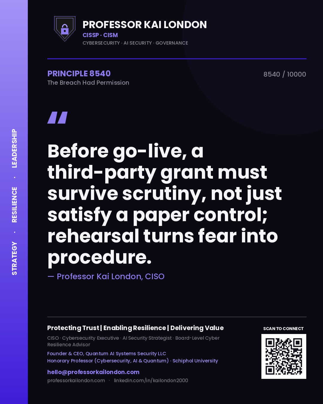 Quote card by Professor Kai London reading 'Before go-live, a third-party grant must survive scrutiny, not just satisfy a paper control; rehearsal turns fear into procedure.'. From the book The Breach Had Permission.