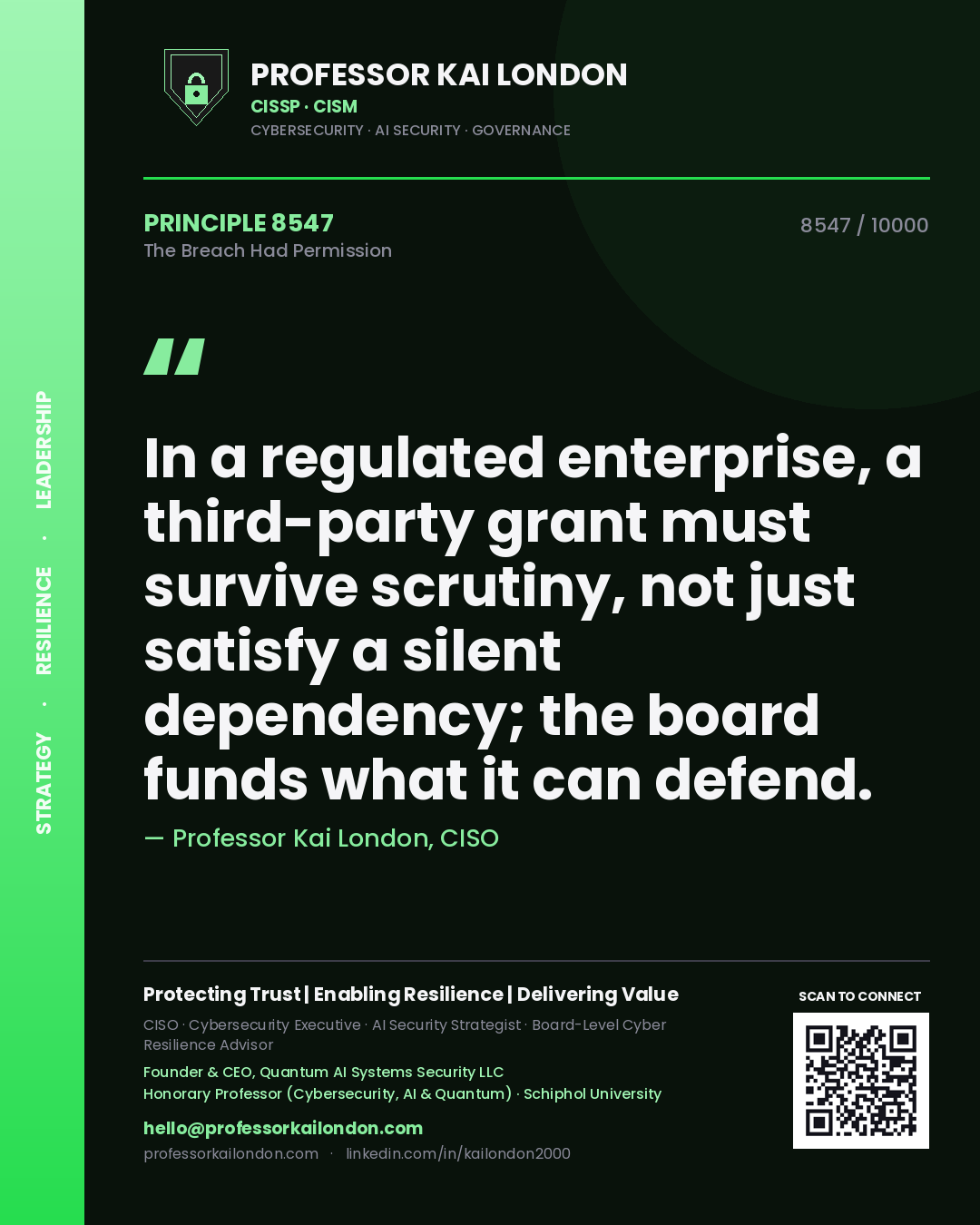 Quote card by Professor Kai London reading 'In a regulated enterprise, a third-party grant must survive scrutiny, not just satisfy a silent dependency; the board funds what it can defend.'. From the book The Breach Had Permission.