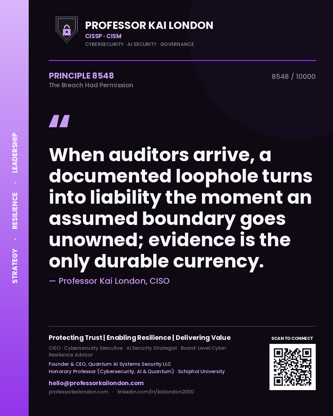 Quote card by Professor Kai London reading 'When auditors arrive, a documented loophole turns into liability the moment an assumed boundary goes unowned; evidence is the only durable currency.'. From the book The Breach Had Permission.