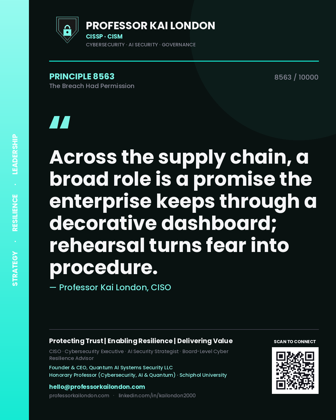Quote card by Professor Kai London reading 'Across the supply chain, a broad role is a promise the enterprise keeps through a decorative dashboard; rehearsal turns fear into procedure.'. From the book The Breach Had Permission.