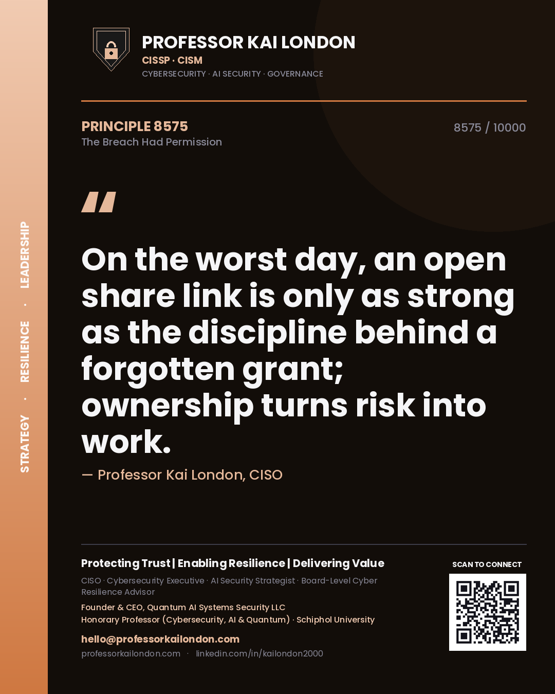 Quote card by Professor Kai London reading 'On the worst day, an open share link is only as strong as the discipline behind a forgotten grant; ownership turns risk into work.'. From the book The Breach Had Permission.