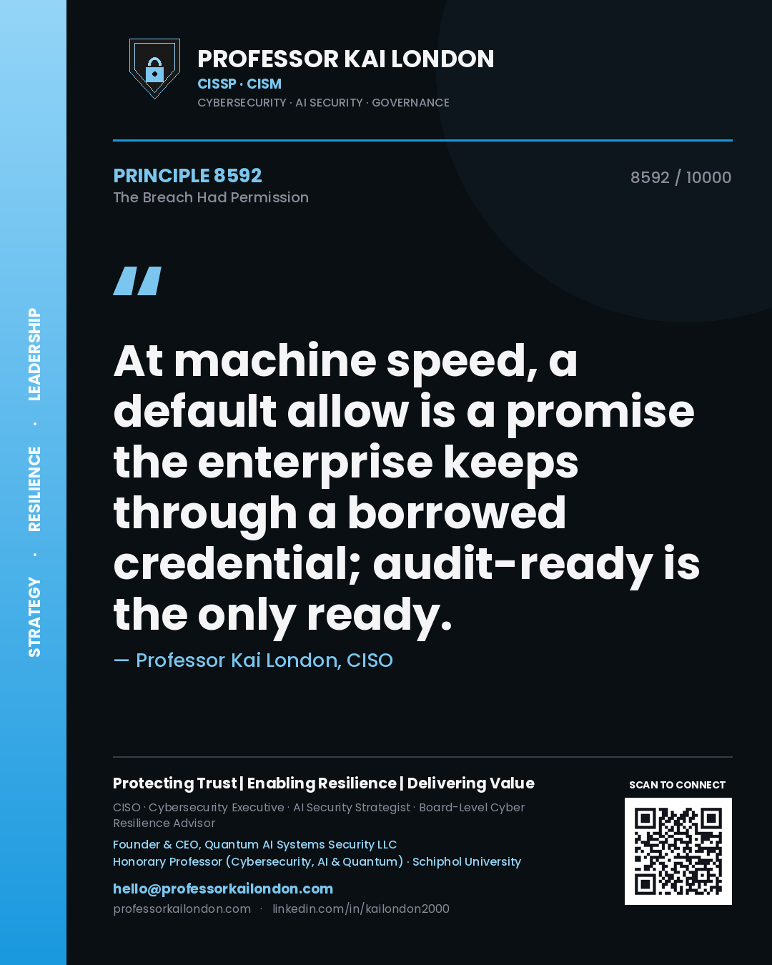 Quote card by Professor Kai London reading 'At machine speed, a default allow is a promise the enterprise keeps through a borrowed credential; audit-ready is the only ready.'. From the book The Breach Had Permission.