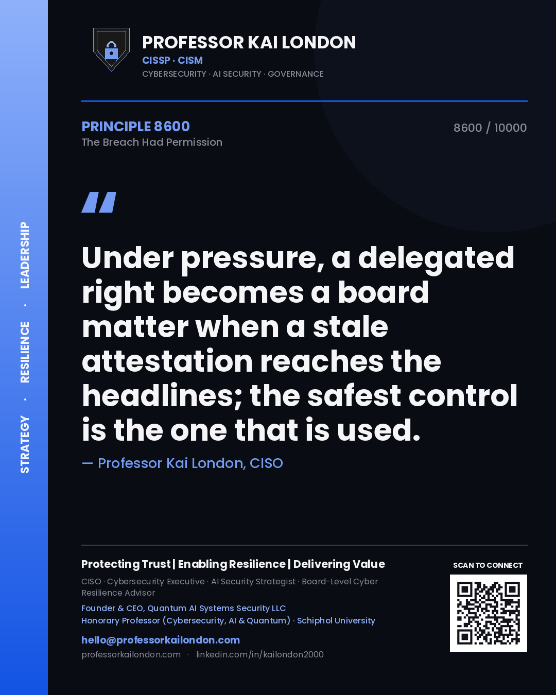 Quote card by Professor Kai London reading 'Under pressure, a delegated right becomes a board matter when a stale attestation reaches the headlines; the safest control is the one that is used.'. From the book The Breach Had Permission.