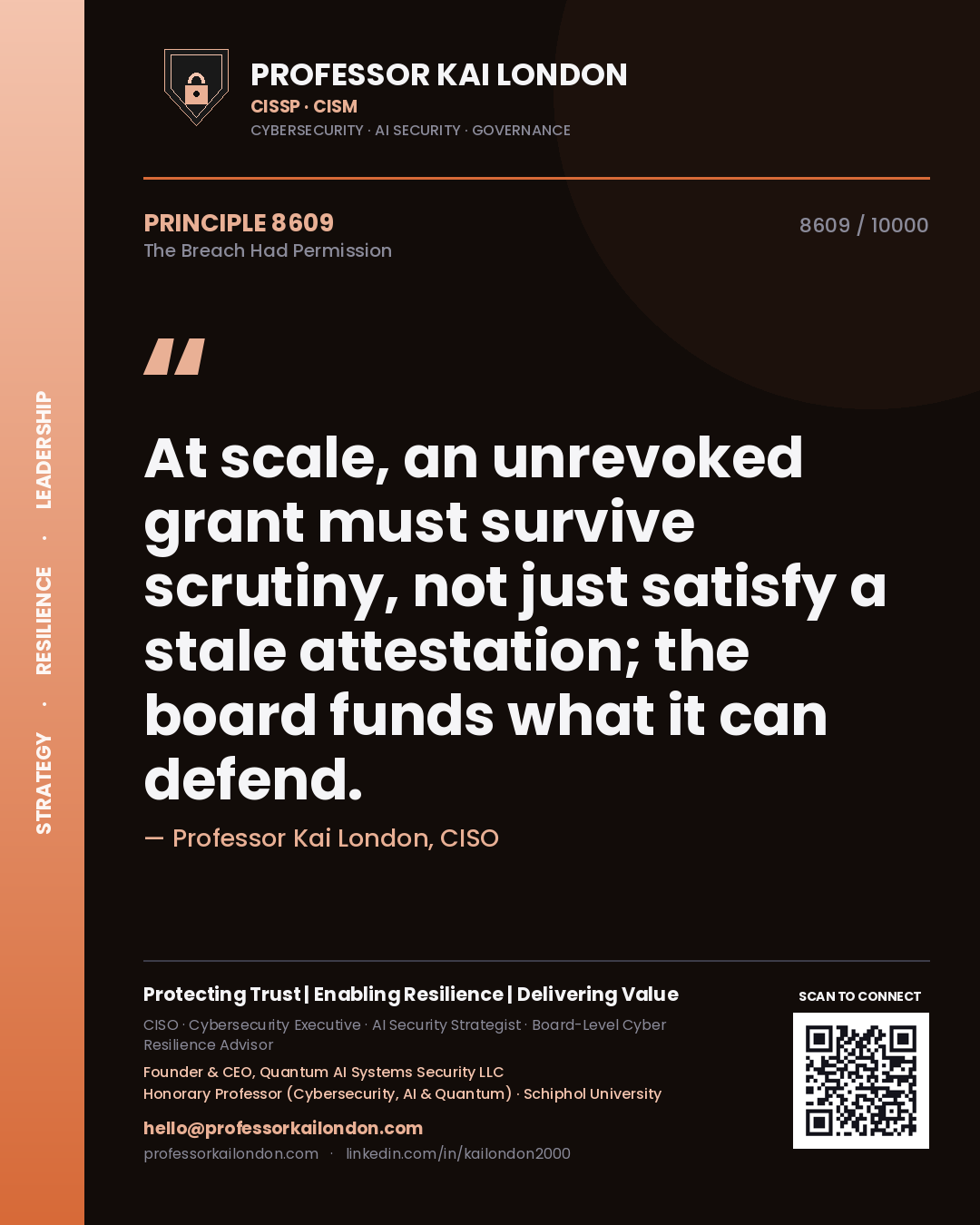 Quote card by Professor Kai London reading 'At scale, an unrevoked grant must survive scrutiny, not just satisfy a stale attestation; the board funds what it can defend.'. From the book The Breach Had Permission.