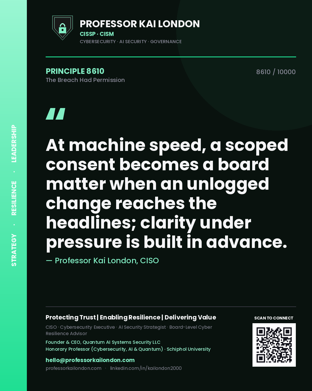 Quote card by Professor Kai London reading 'At machine speed, a scoped consent becomes a board matter when an unlogged change reaches the headlines; clarity under pressure is built in advance.'. From the book The Breach Had Permission.