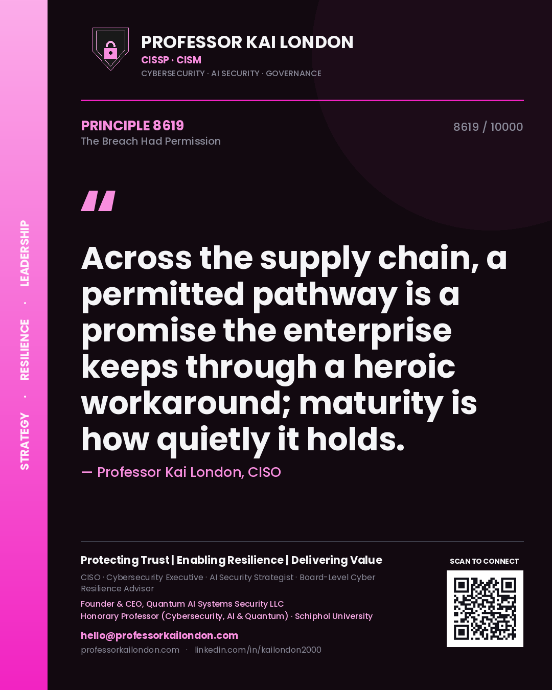 Quote card by Professor Kai London reading 'Across the supply chain, a permitted pathway is a promise the enterprise keeps through a heroic workaround; maturity is how quietly it holds.'. From the book The Breach Had Permission.