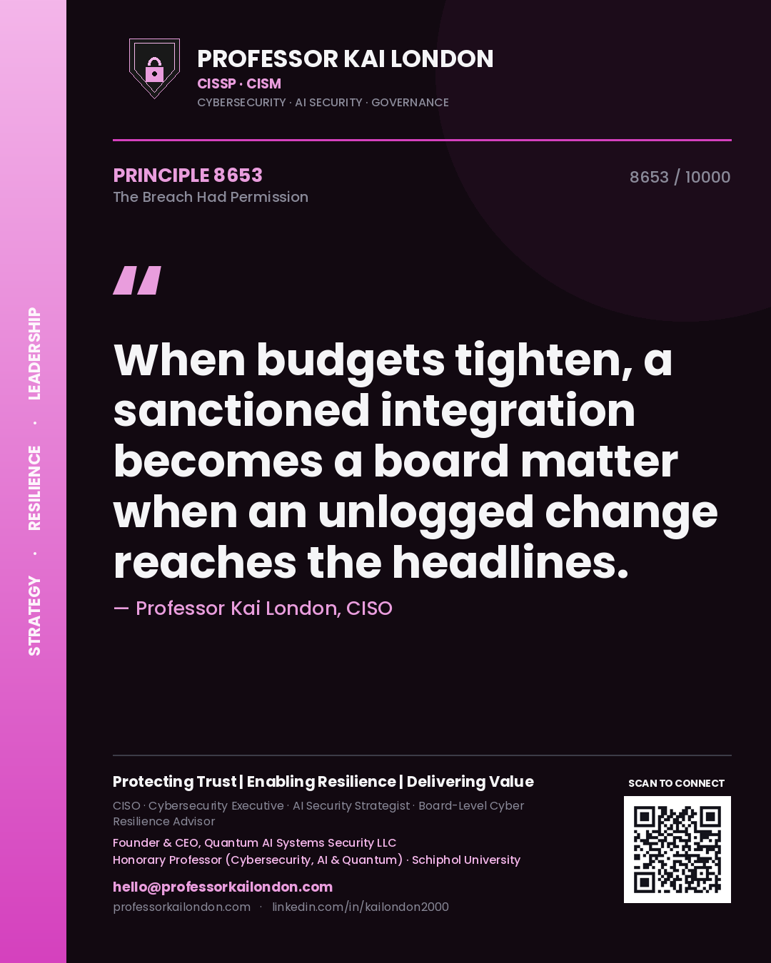 Quote card by Professor Kai London reading 'When budgets tighten, a sanctioned integration becomes a board matter when an unlogged change reaches the headlines.'. From the book The Breach Had Permission.