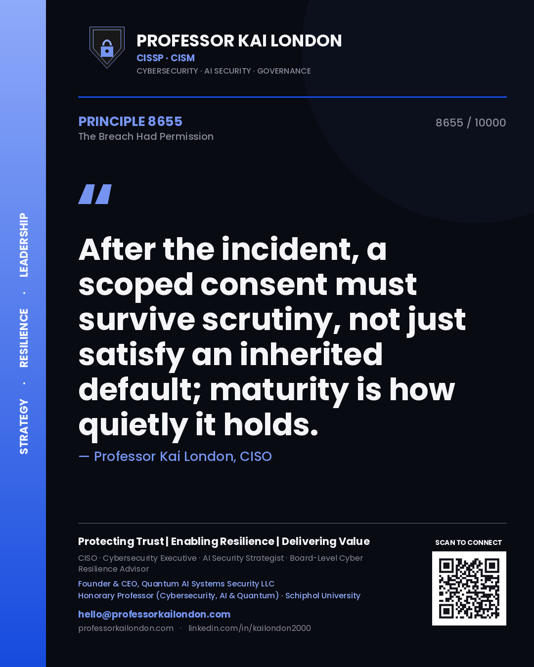 Professor Kai London principle 8655: After the incident, a scoped consent must survive scrutiny, not just satisfy an inherited default; maturity is how quietly it holds.