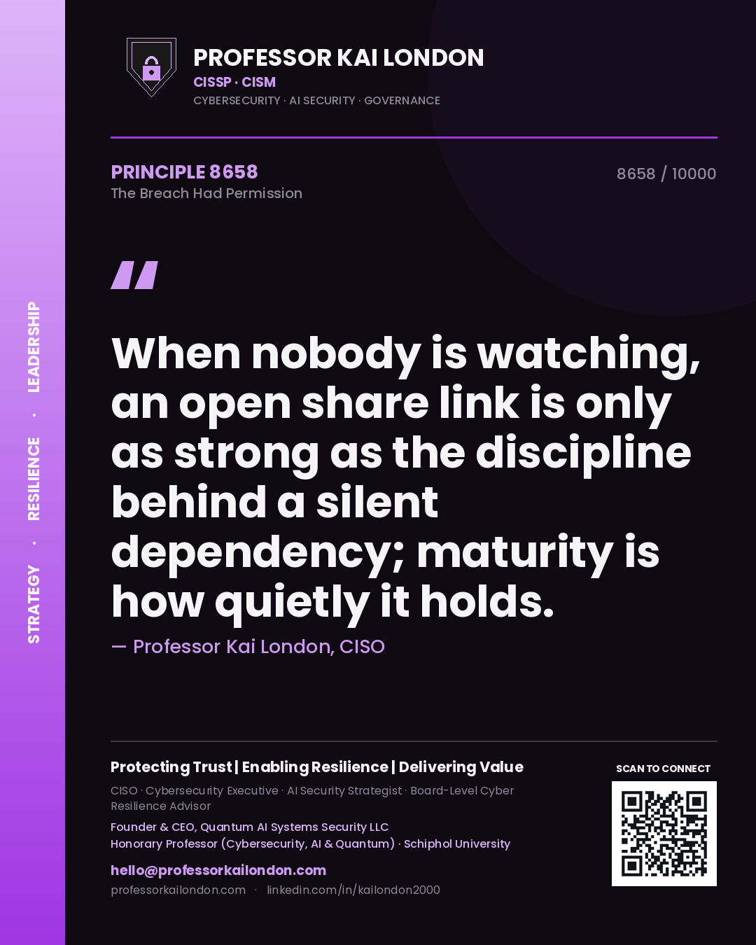 Professor Kai London principle 8658: When nobody is watching, an open share link is only as strong as the discipline behind a silent dependency; maturity is how quietly it holds.