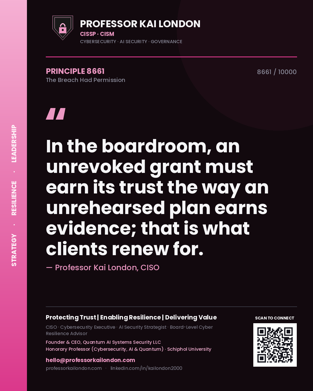 Quote card by Professor Kai London reading 'In the boardroom, an unrevoked grant must earn its trust the way an unrehearsed plan earns evidence; that is what clients renew for.'. From the book The Breach Had Permission.