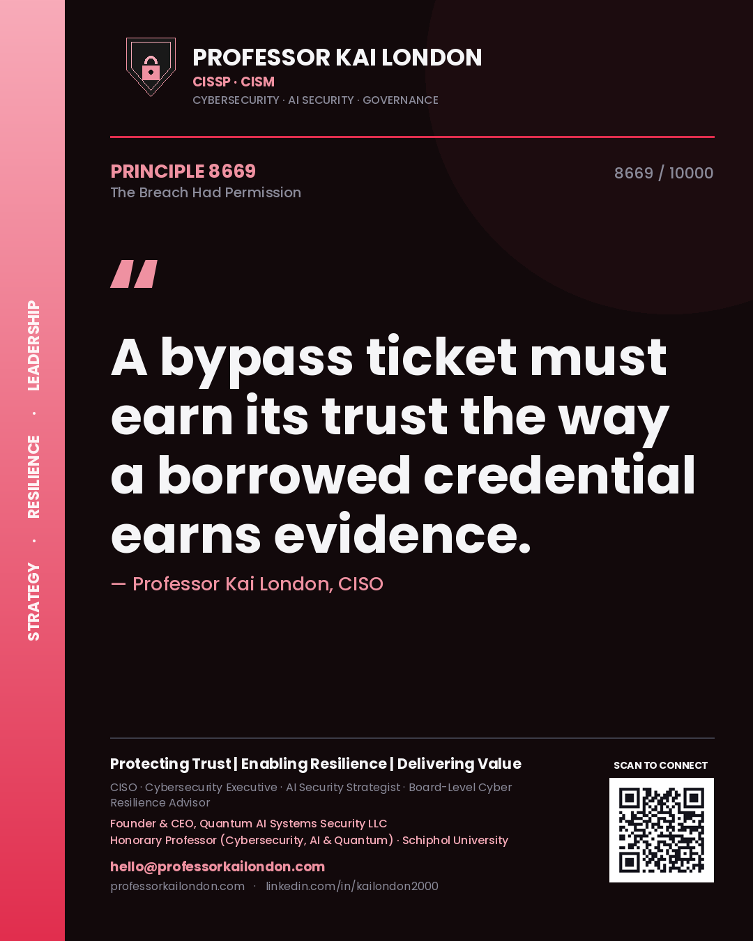 Quote card by Professor Kai London reading 'A bypass ticket must earn its trust the way a borrowed credential earns evidence.'. From the book The Breach Had Permission.