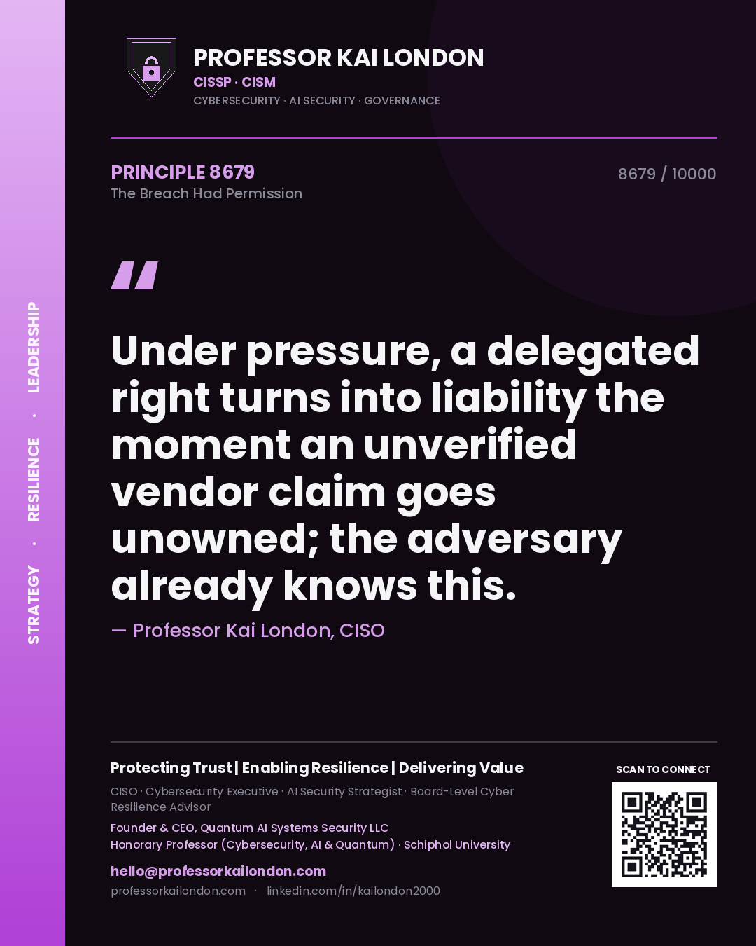 Quote card by Professor Kai London reading 'Under pressure, a delegated right turns into liability the moment an unverified vendor claim goes unowned; the adversary already knows this.'. From the book The Breach Had Permission.