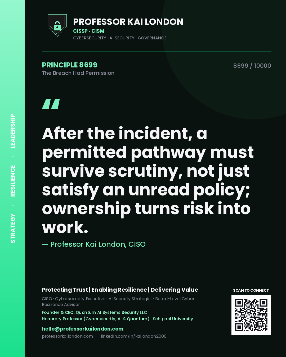 Quote card by Professor Kai London reading 'After the incident, a permitted pathway must survive scrutiny, not just satisfy an unread policy; ownership turns risk into work.'. From the book The Breach Had Permission.