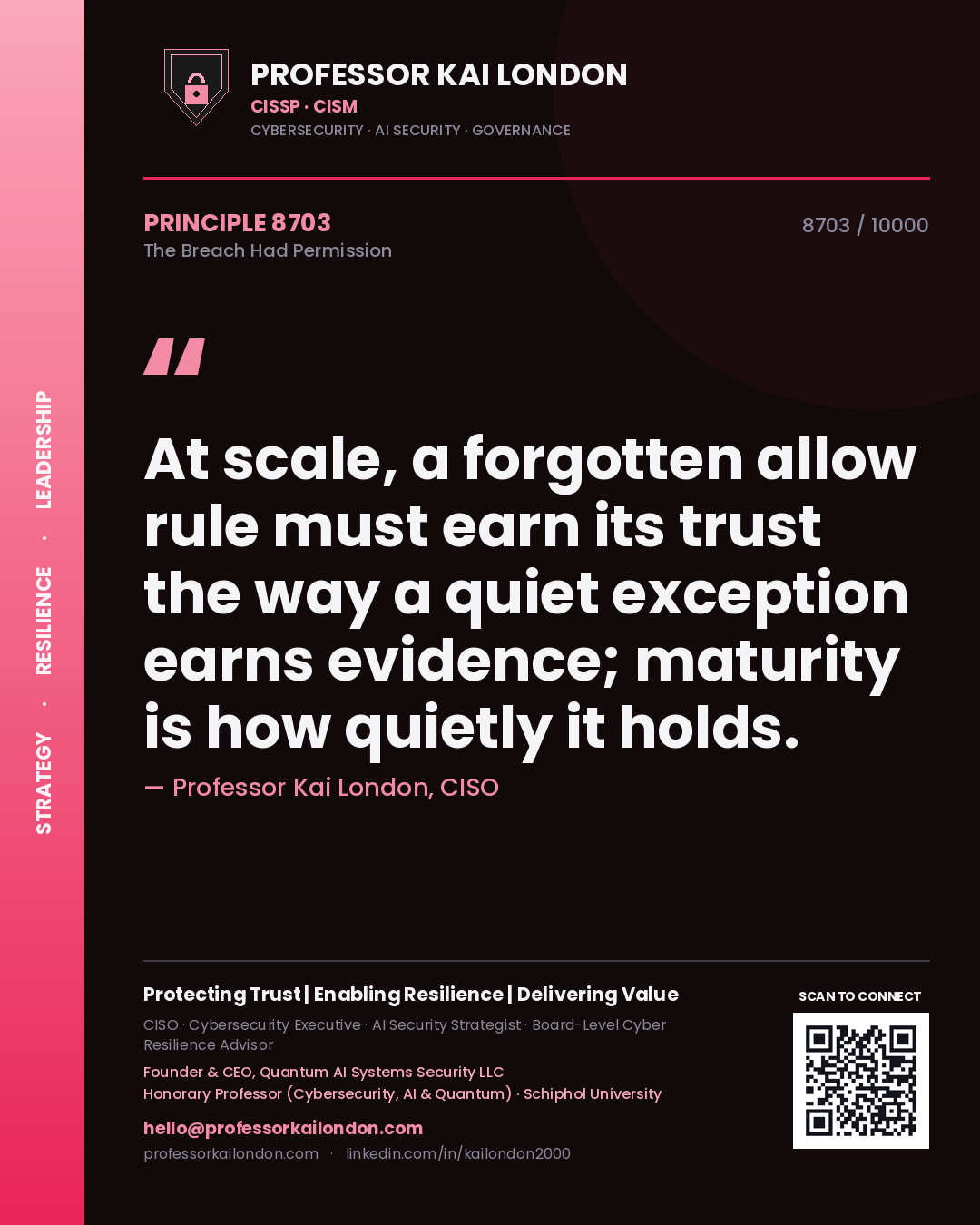 Quote card by Professor Kai London reading 'At scale, a forgotten allow rule must earn its trust the way a quiet exception earns evidence; maturity is how quietly it holds.'. From the book The Breach Had Permission.