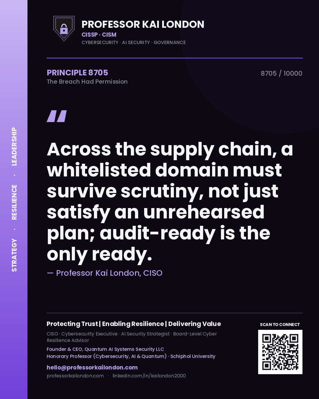 Quote card by Professor Kai London reading 'Across the supply chain, a whitelisted domain must survive scrutiny, not just satisfy an unrehearsed plan; audit-ready is the only ready.'. From the book The Breach Had Permission.