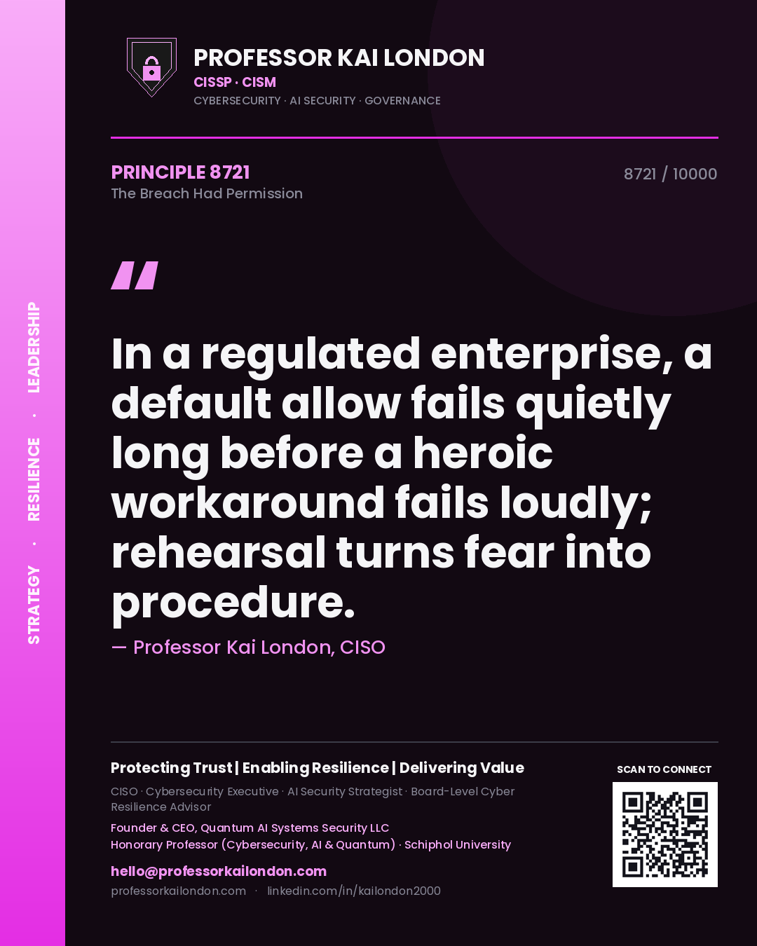 Quote card by Professor Kai London reading 'In a regulated enterprise, a default allow fails quietly long before a heroic workaround fails loudly; rehearsal turns fear into procedure.'. From the book The Breach Had Permission.