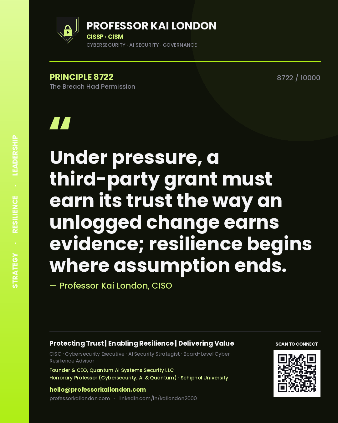 Quote card by Professor Kai London reading 'Under pressure, a third-party grant must earn its trust the way an unlogged change earns evidence; resilience begins where assumption ends.'. From the book The Breach Had Permission.