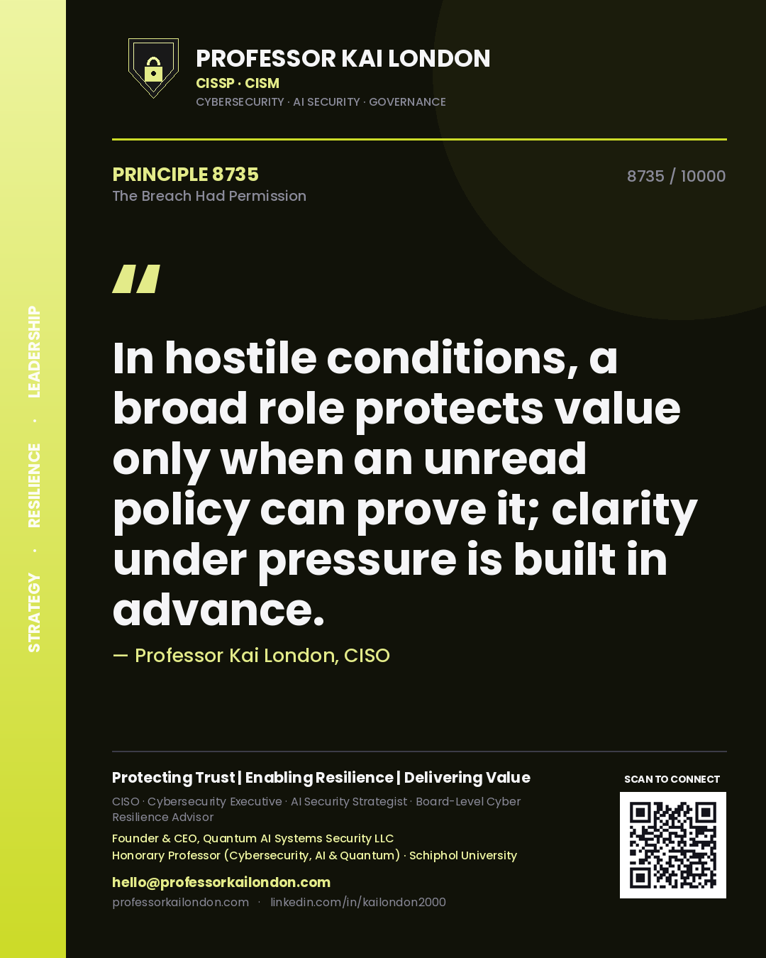 Quote card by Professor Kai London reading 'In hostile conditions, a broad role protects value only when an unread policy can prove it; clarity under pressure is built in advance.'. From the book The Breach Had Permission.
