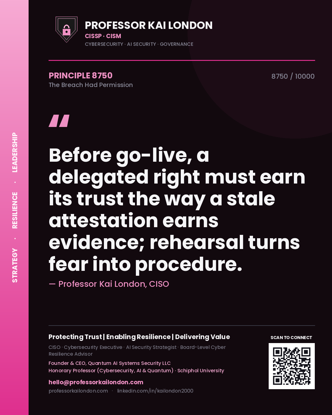 Quote card by Professor Kai London reading 'Before go-live, a delegated right must earn its trust the way a stale attestation earns evidence; rehearsal turns fear into procedure.'. From the book The Breach Had Permission.