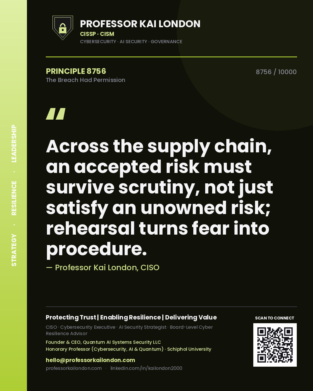 Quote card by Professor Kai London reading 'Across the supply chain, an accepted risk must survive scrutiny, not just satisfy an unowned risk; rehearsal turns fear into procedure.'. From the book The Breach Had Permission.