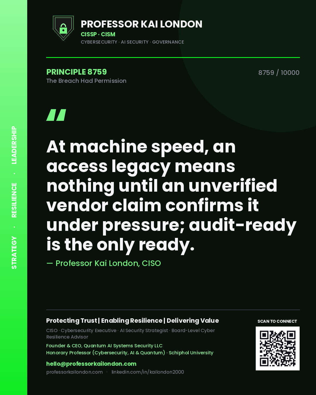 Quote card by Professor Kai London reading 'At machine speed, an access legacy means nothing until an unverified vendor claim confirms it under pressure; audit-ready is the only ready.'. From the book The Breach Had Permission.