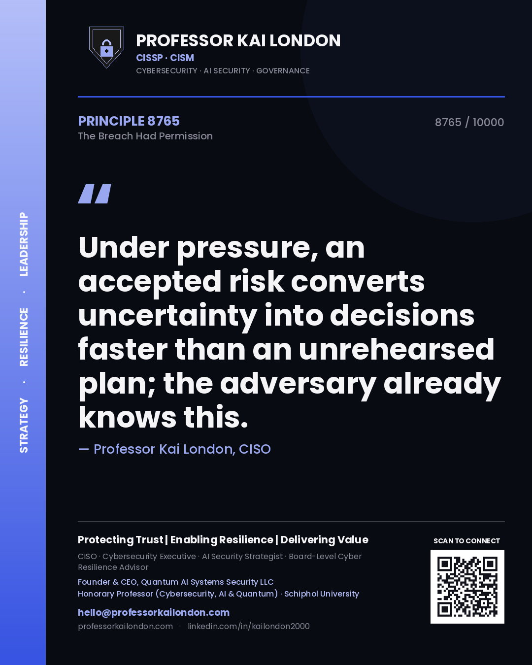 Quote card by Professor Kai London reading 'Under pressure, an accepted risk converts uncertainty into decisions faster than an unrehearsed plan; the adversary already knows this.'. From the book The Breach Had Permission.