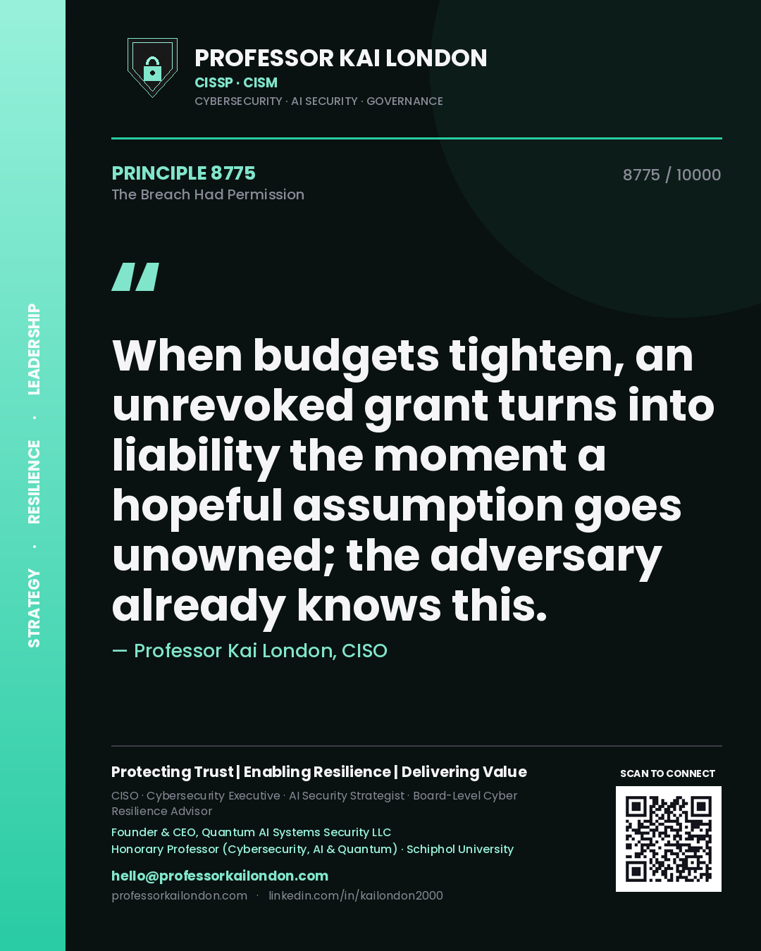 Quote card by Professor Kai London reading 'When budgets tighten, an unrevoked grant turns into liability the moment a hopeful assumption goes unowned; the adversary already knows this.'. From the book The Breach Had Permission.