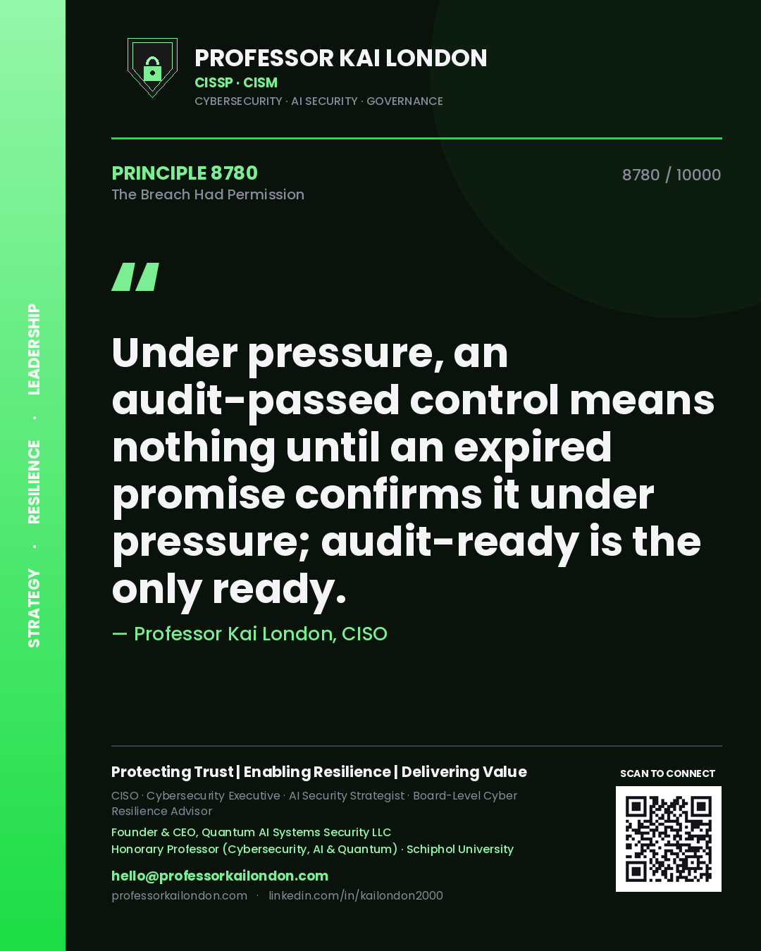 Quote card by Professor Kai London reading 'Under pressure, an audit-passed control means nothing until an expired promise confirms it under pressure; audit-ready is the only ready.'. From the book The Breach Had Permission.