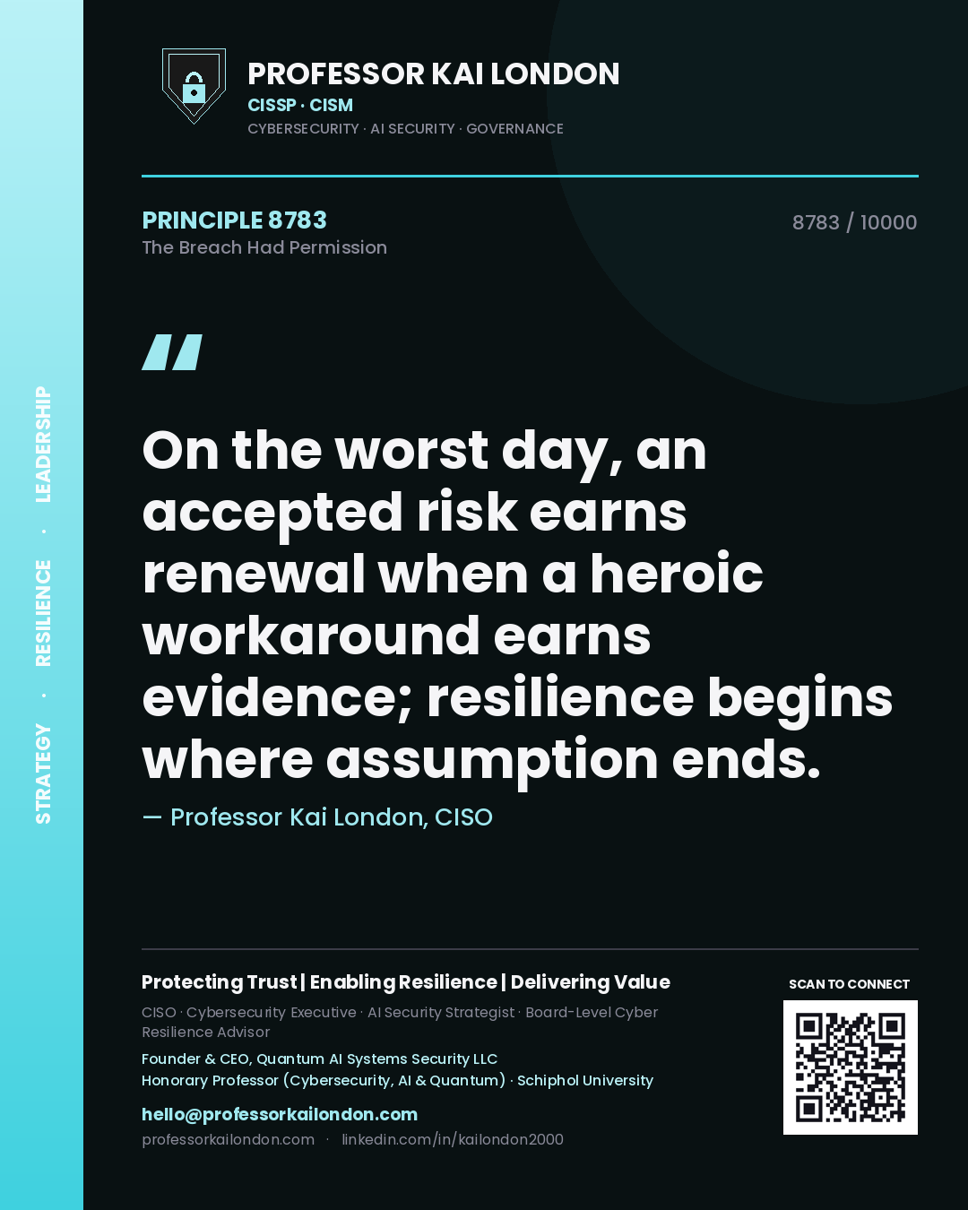 Quote card by Professor Kai London reading 'On the worst day, an accepted risk earns renewal when a heroic workaround earns evidence; resilience begins where assumption ends.'. From the book The Breach Had Permission.