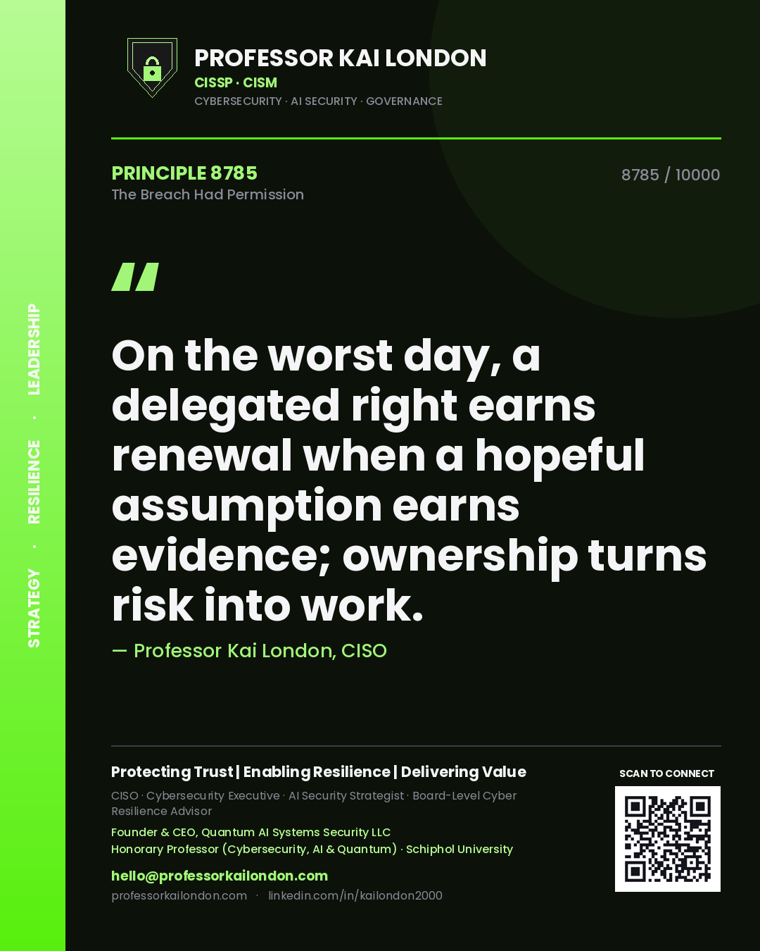 Quote card by Professor Kai London reading 'On the worst day, a delegated right earns renewal when a hopeful assumption earns evidence; ownership turns risk into work.'. From the book The Breach Had Permission.
