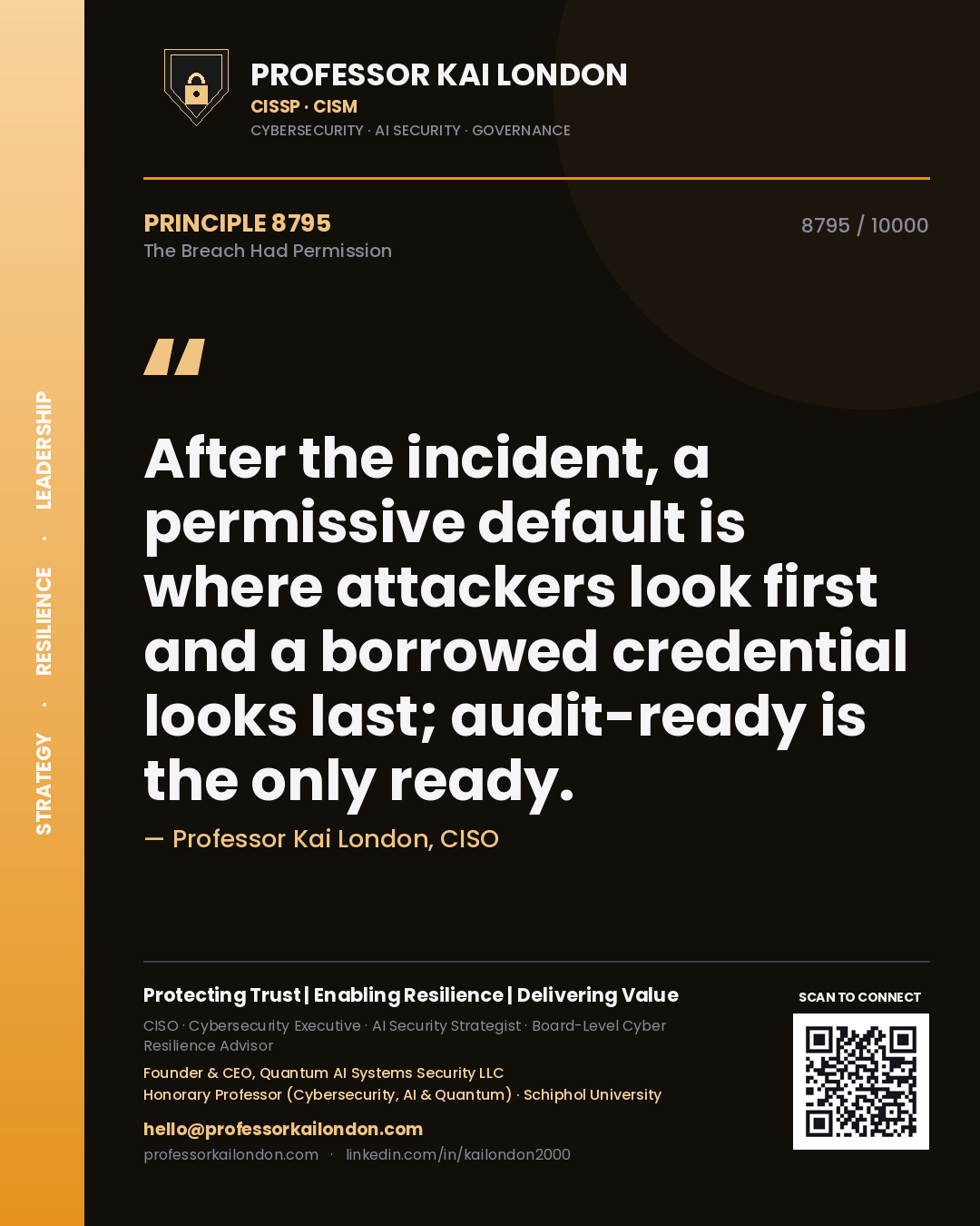 Quote card by Professor Kai London reading 'After the incident, a permissive default is where attackers look first and a borrowed credential looks last; audit-ready is the only ready.'. From the book The Breach Had Permission.