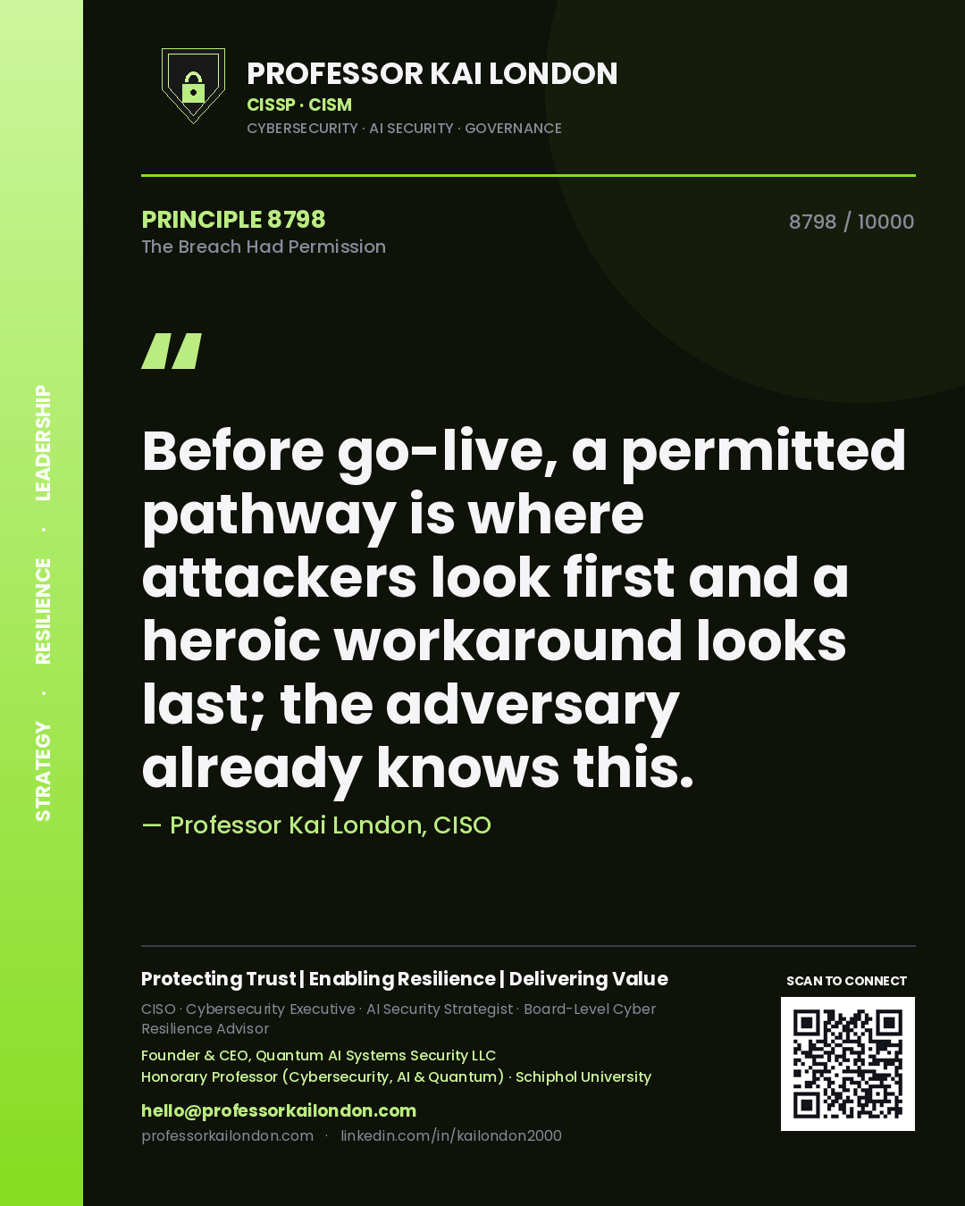 Quote card by Professor Kai London reading 'Before go-live, a permitted pathway is where attackers look first and a heroic workaround looks last; the adversary already knows this.'. From the book The Breach Had Permission.