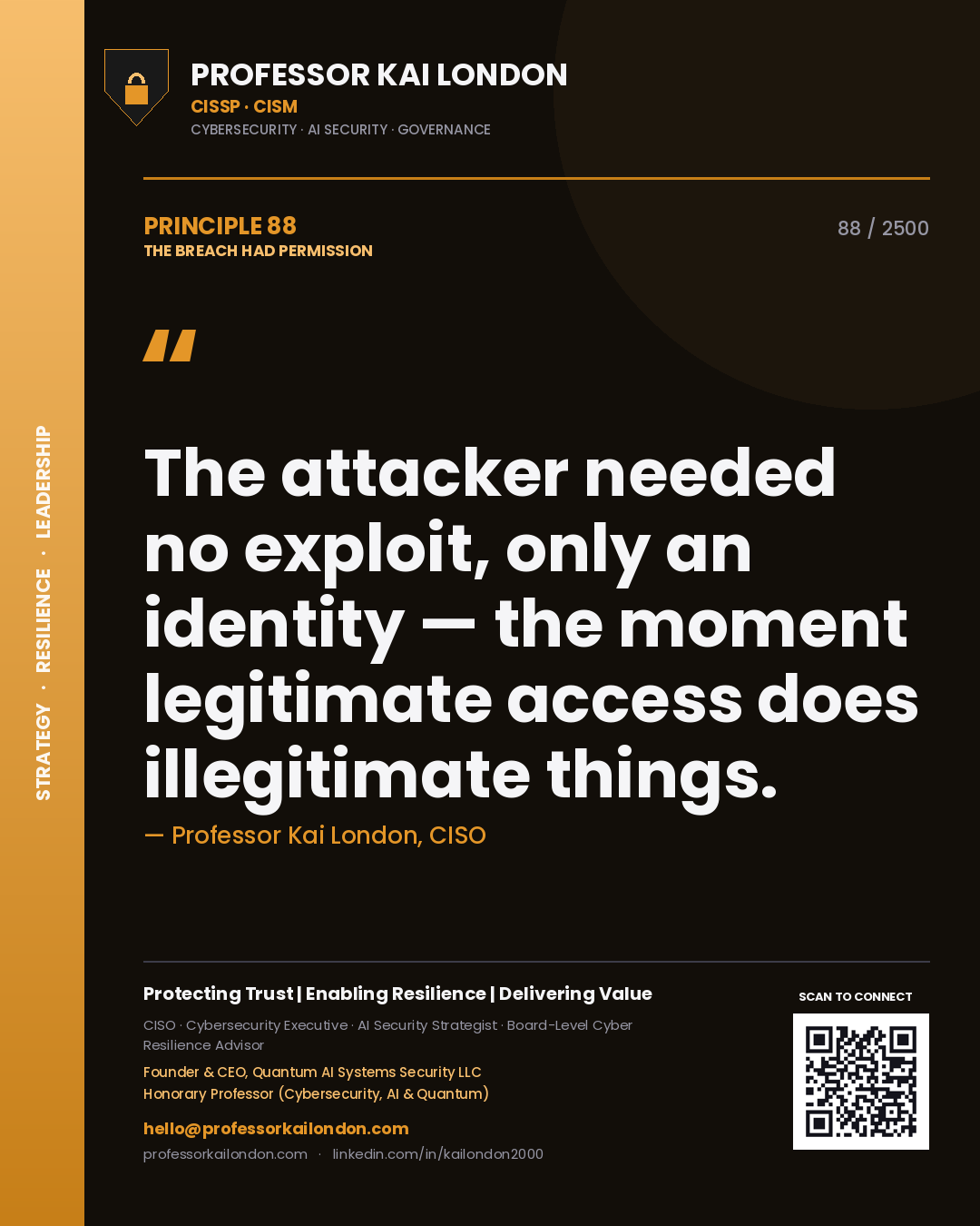 Professor Kai London principle 88: The attacker needed no exploit, only an identity — the moment legitimate access does illegitimate things.