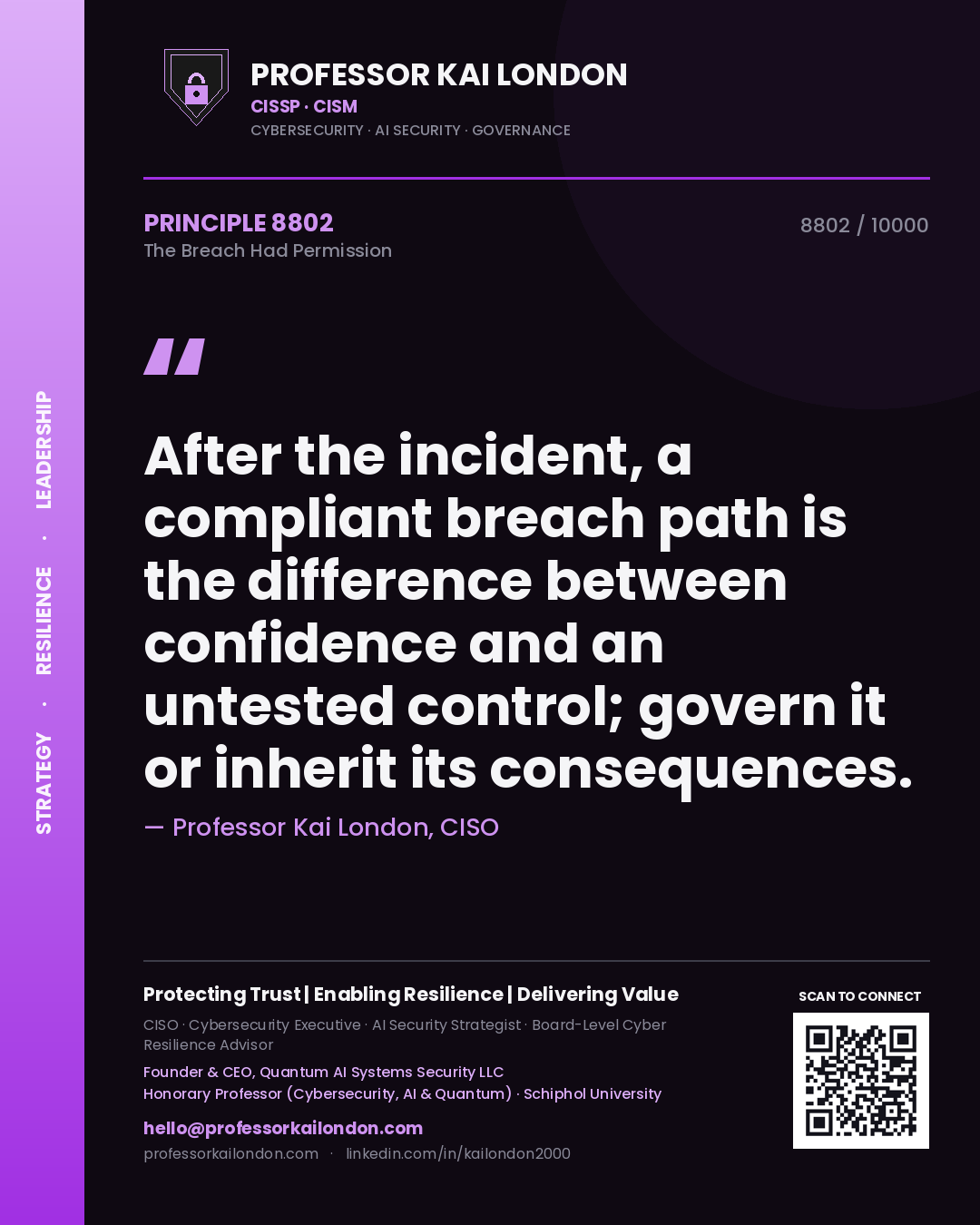 Quote card by Professor Kai London reading 'After the incident, a compliant breach path is the difference between confidence and an untested control; govern it or inherit its consequences.'. From the book The Breach Had Permission.