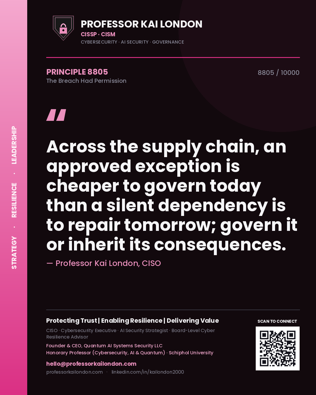 Professor Kai London principle 8805: Across the supply chain, an approved exception is cheaper to govern today than a silent dependency is to repair tomorrow; govern it or inherit its consequences.