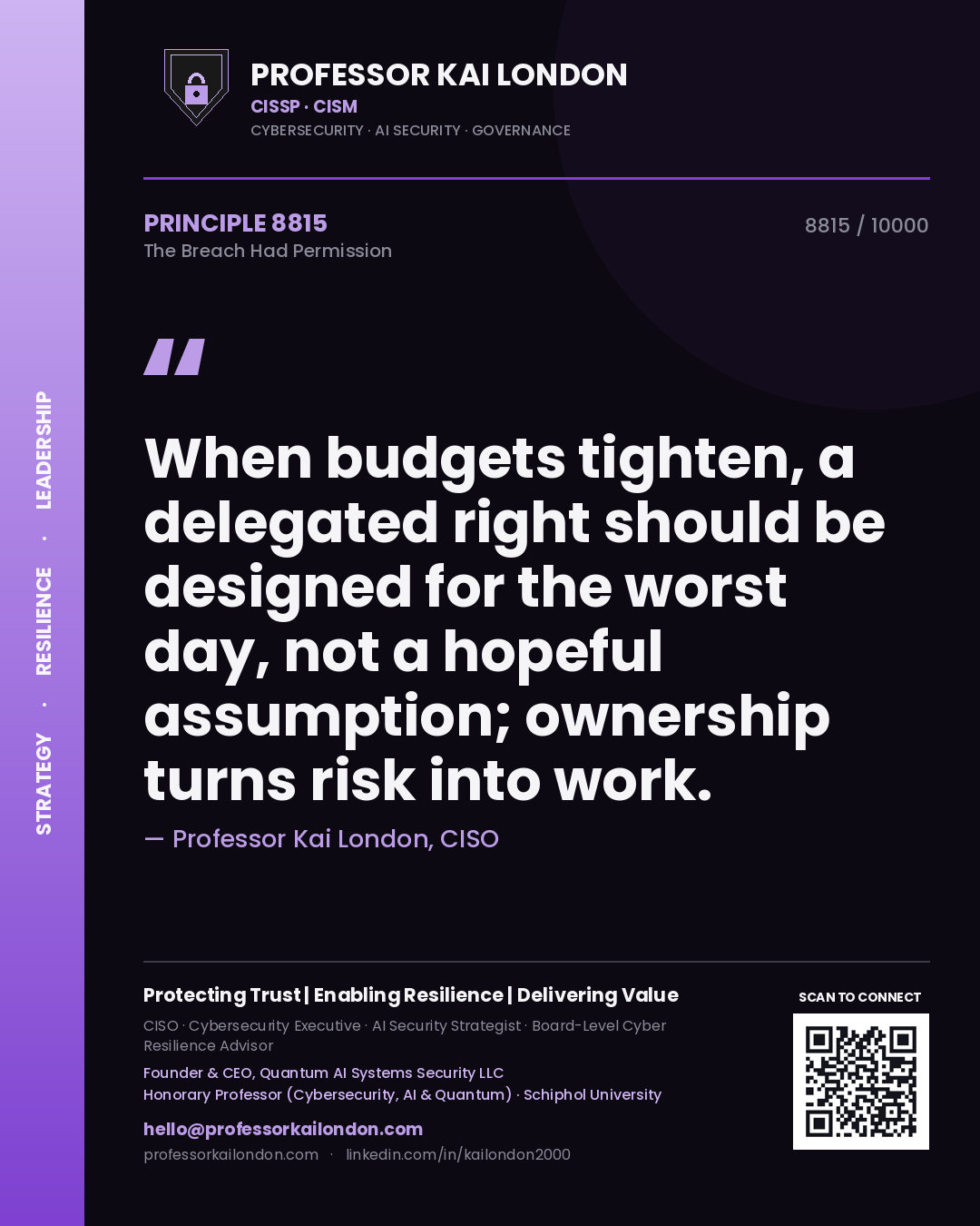 Quote card by Professor Kai London reading 'When budgets tighten, a delegated right should be designed for the worst day, not a hopeful assumption; ownership turns risk into work.'. From the book The Breach Had Permission.