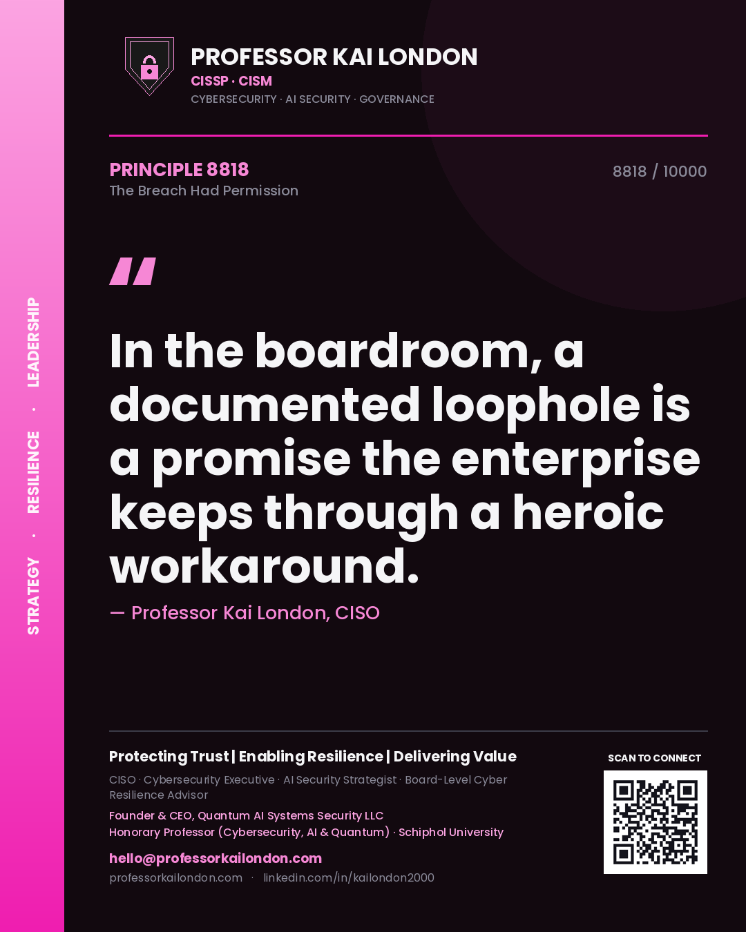 Quote card by Professor Kai London reading 'In the boardroom, a documented loophole is a promise the enterprise keeps through a heroic workaround.'. From the book The Breach Had Permission.