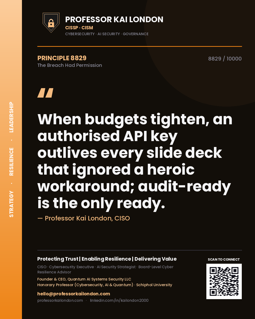 Quote card by Professor Kai London reading 'When budgets tighten, an authorised API key outlives every slide deck that ignored a heroic workaround; audit-ready is the only ready.'. From the book The Breach Had Permission.