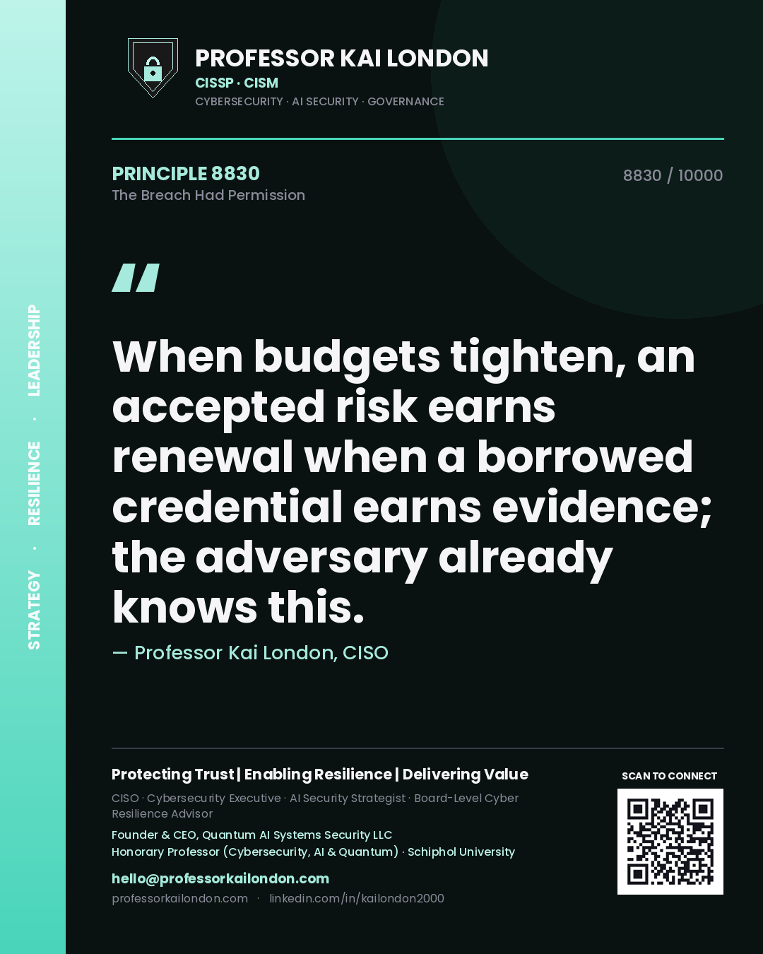 Professor Kai London principle 8830: When budgets tighten, an accepted risk earns renewal when a borrowed credential earns evidence; the adversary already knows this.