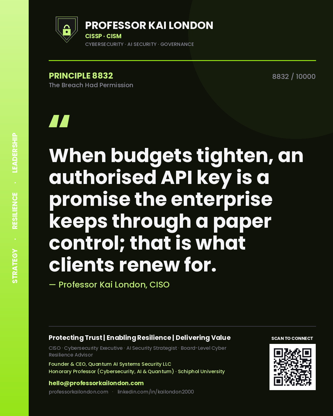 Quote card by Professor Kai London reading 'When budgets tighten, an authorised API key is a promise the enterprise keeps through a paper control; that is what clients renew for.'. From the book The Breach Had Permission.