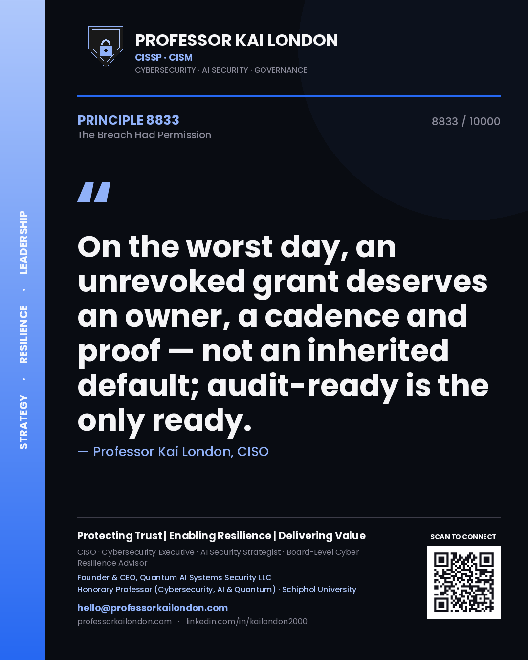 Quote card by Professor Kai London reading 'On the worst day, an unrevoked grant deserves an owner, a cadence and proof — not an inherited default; audit-ready is the only ready.'. From the book The Breach Had Permission.