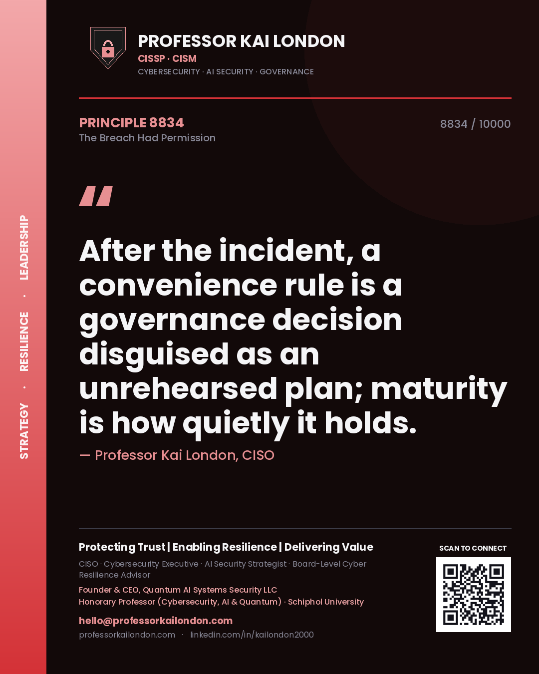 Quote card by Professor Kai London reading 'After the incident, a convenience rule is a governance decision disguised as an unrehearsed plan; maturity is how quietly it holds.'. From the book The Breach Had Permission.