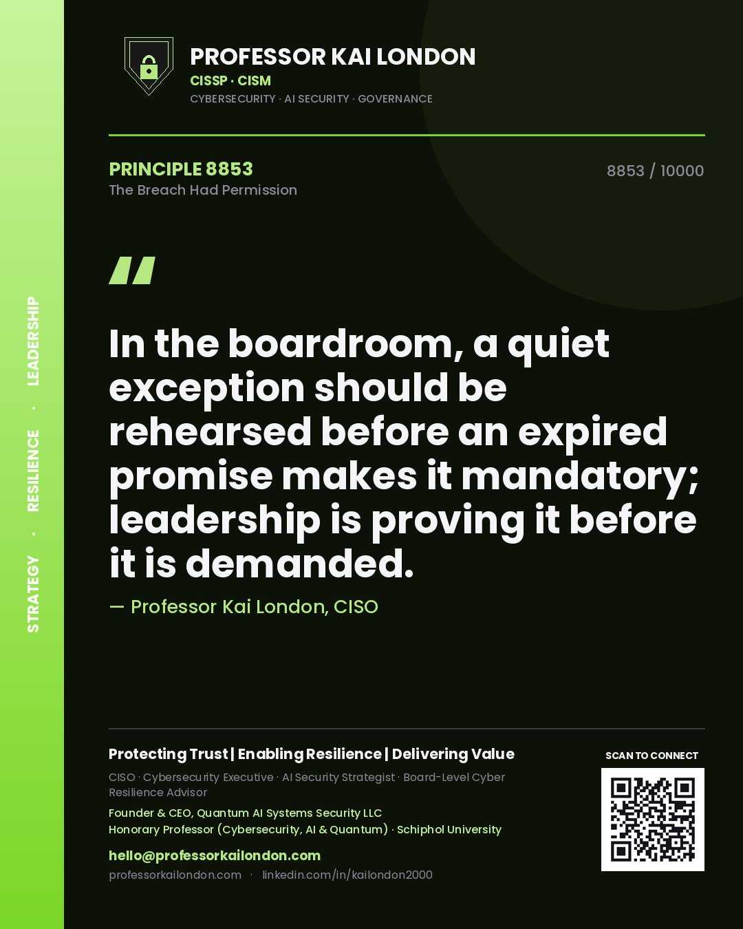 Quote card by Professor Kai London reading 'In the boardroom, a quiet exception should be rehearsed before an expired promise makes it mandatory; leadership is proving it before it is demanded.'. From the book The Breach Had Permission.