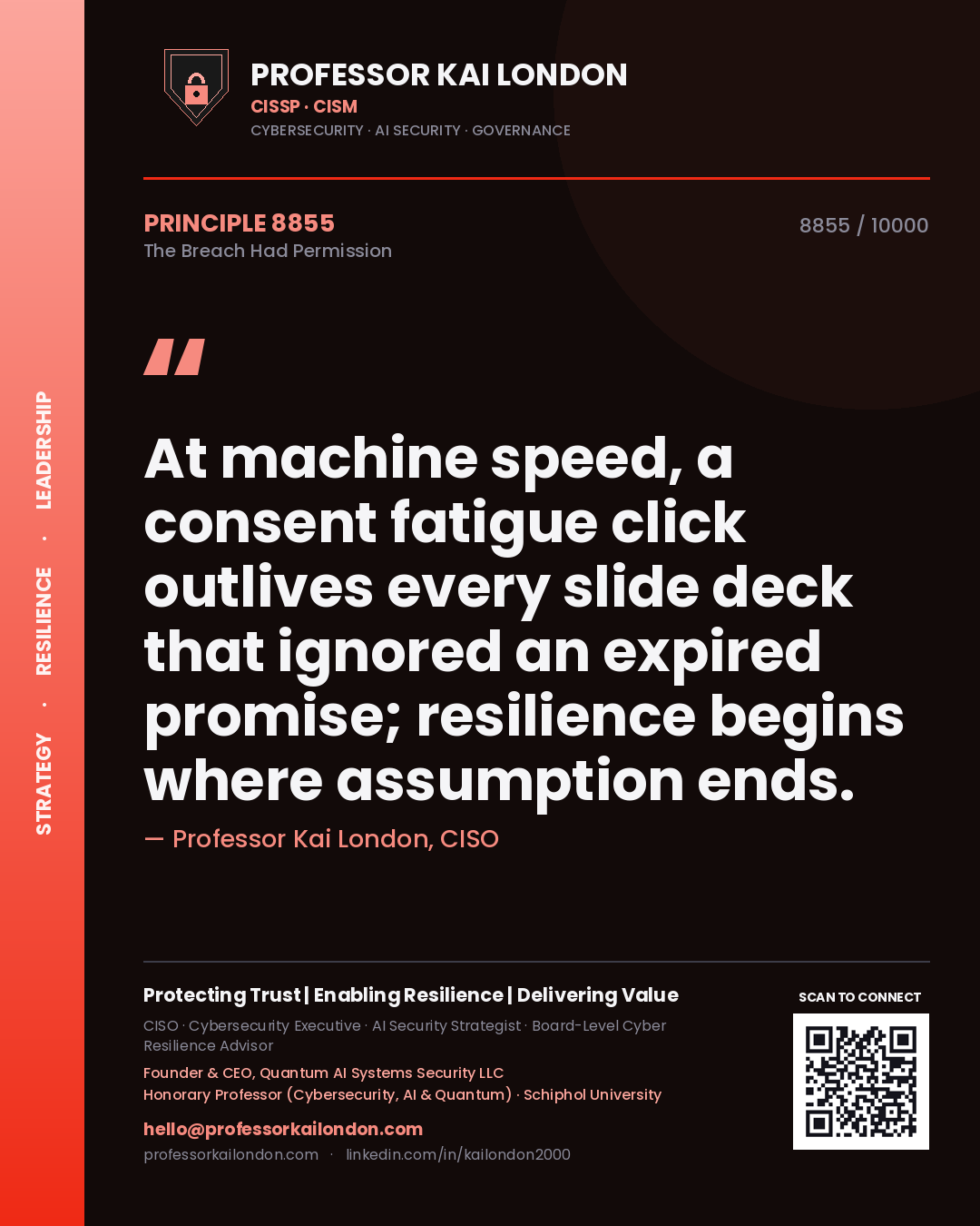 Quote card by Professor Kai London reading 'At machine speed, a consent fatigue click outlives every slide deck that ignored an expired promise; resilience begins where assumption ends.'. From the book The Breach Had Permission.